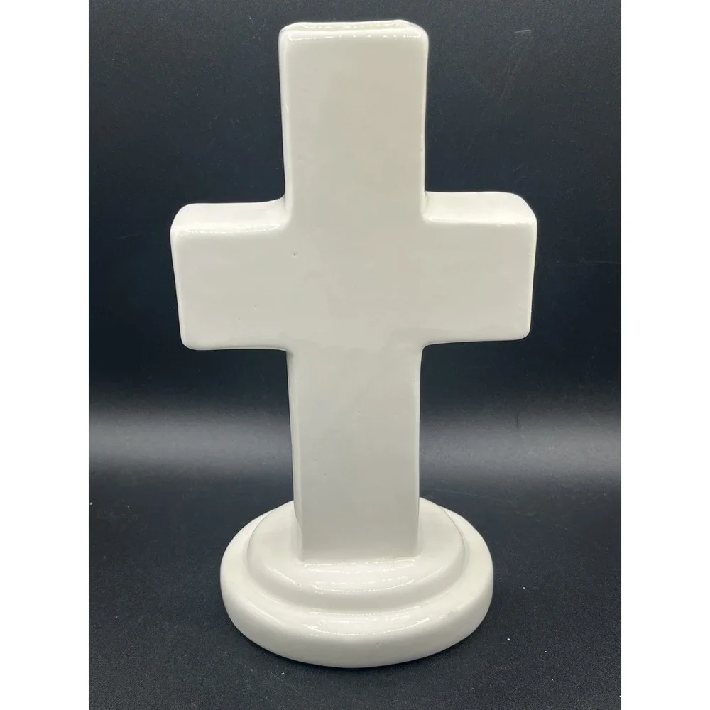 White Porcelain‎ Cross Vase w/ Yellow Flower & 'God Is Love' Religious